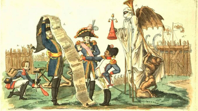 На иллюстрации: образец русских пропагандистских изданий 1812 года: карикатуры на Наполеона.